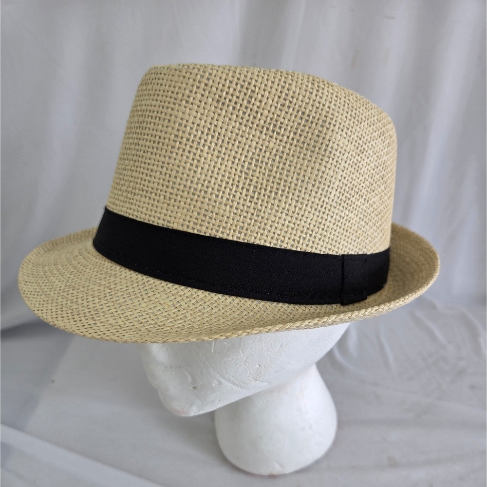 Woven Tan Paper Fedora Hat with Black Band Hat